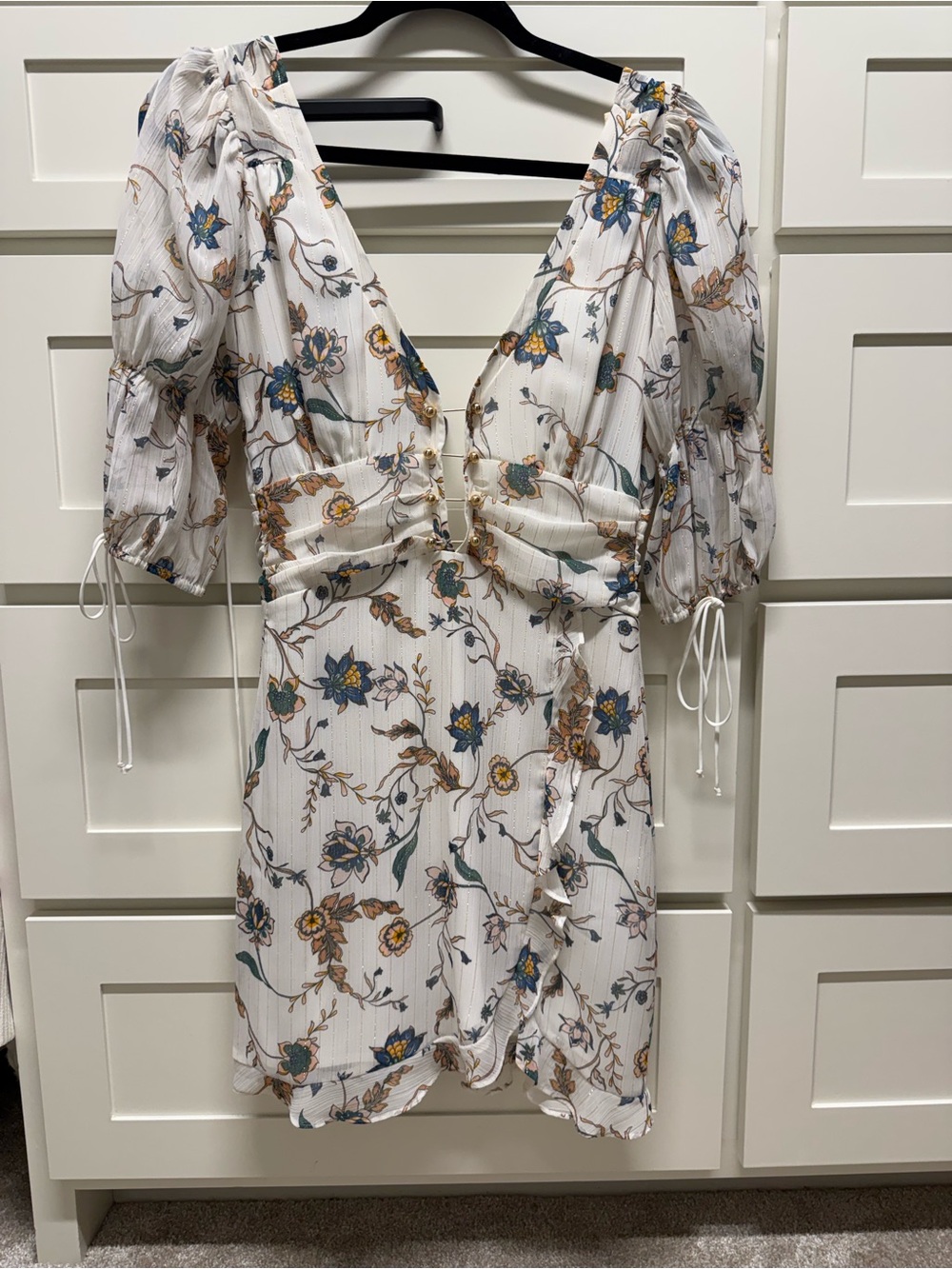 For Love And Lemons White Floral Mini Dress with Blue and Tan Accents